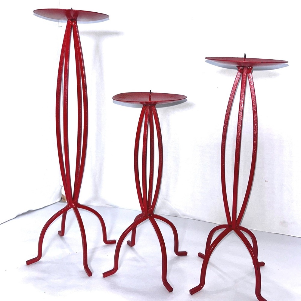 Set of 3 Red Metal Pedestal Candle Holders Wedding Centerpieces Decor
